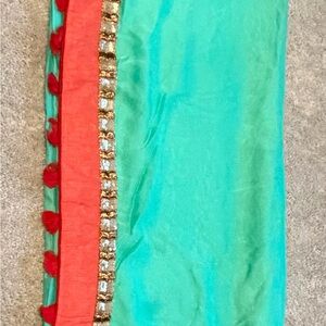 Turquoise & Coral Saree  with Mirror Work Border